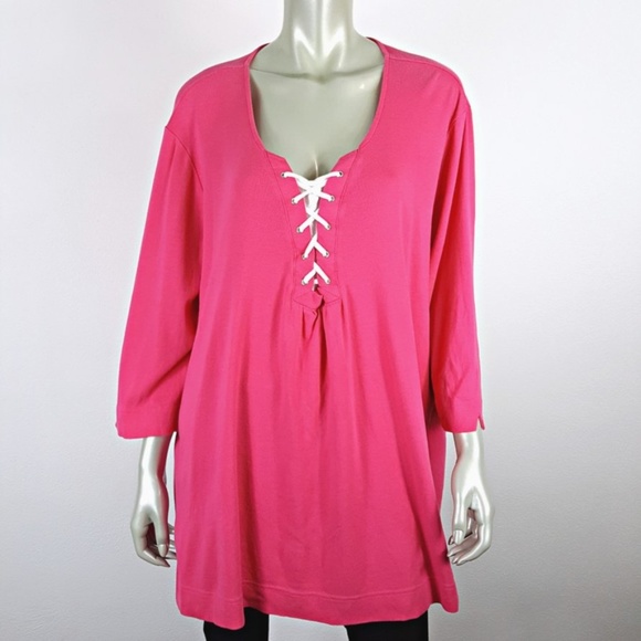 JMS Pink Lace Up 3/4 Sleeve Tunic Top Size 4X - Picture 1 of 7